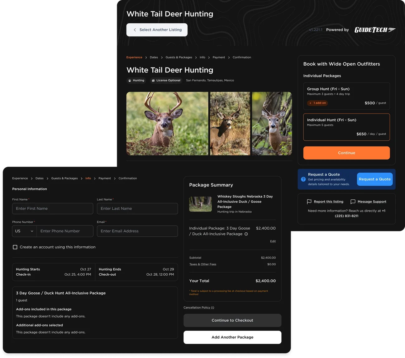 Mallard Bay booking flow with package selection, guest details and payment summary