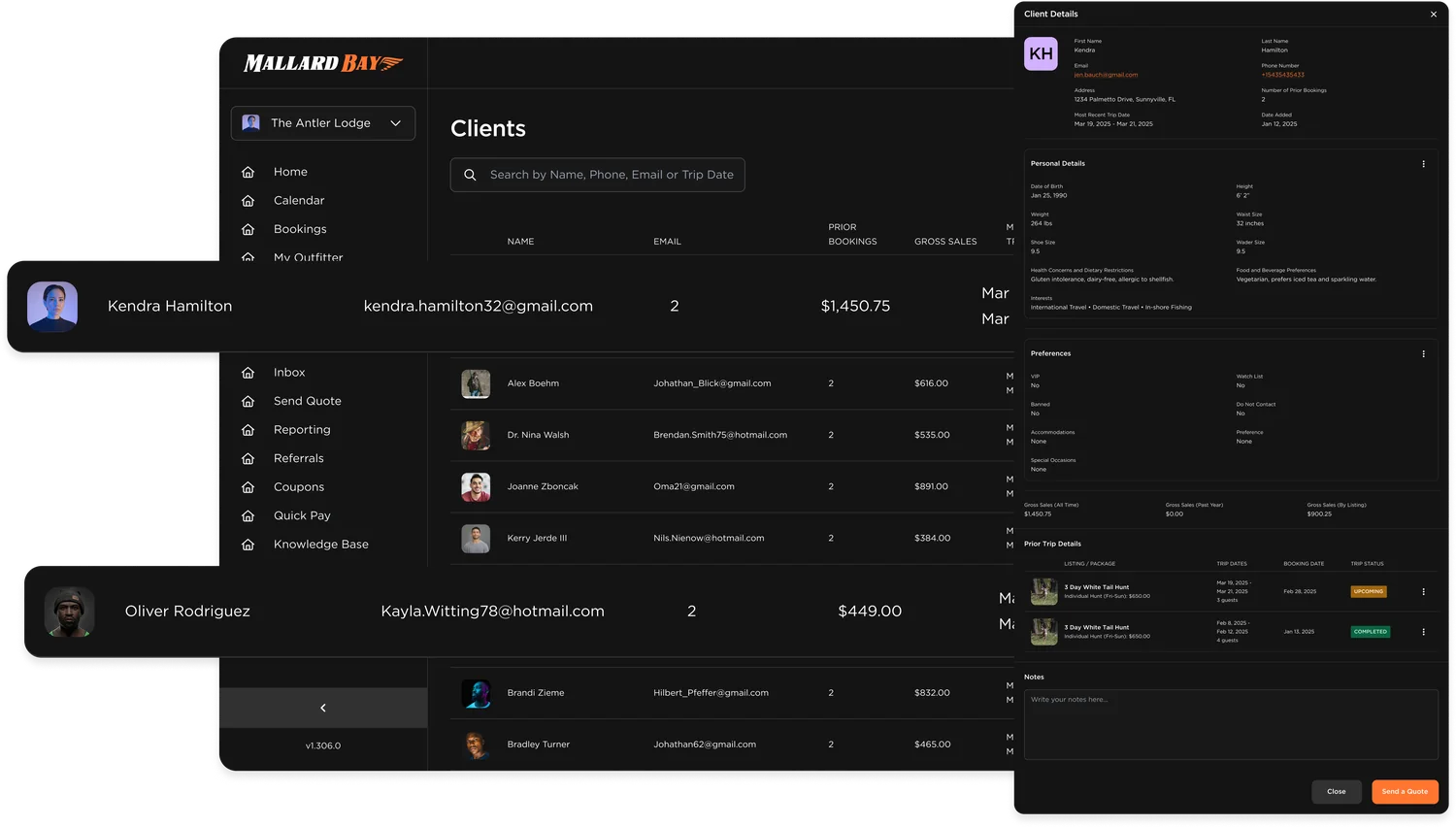 Mallard Bay client list with booking history and client detail panel